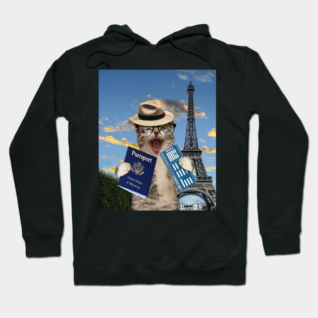 Cat Kitty Kitten Tourist In Paris France Eiffel Tower Funny Hoodie by Random Galaxy